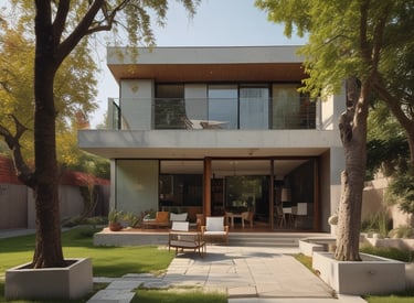 Modern residential building exterior with balconies and large windows.