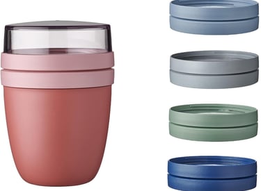 A pink insulated lunch pot with several colorful lid options for food storage.