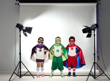 three children dressed in superhero - Killer Covers logo comic book covers