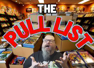 The Pull List logo a man with a beard and a beard in a room full of comic books