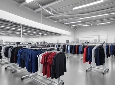 A textile workshop with numerous sewing machines arranged in two rows along a spacious, well-lit room. Several workers are seated at the machines, diligently crafting or sewing garments. The space is organized yet filled with fabric pieces scattered on the floor, contributing to a busy atmosphere. Overhead, fluorescent lights evenly illuminate the area, and large windows line the walls, allowing natural light to filter in.