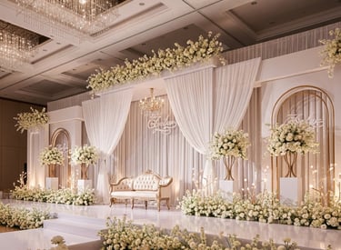 a wedding reception table with white flowers and white drapes