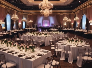 A formal event taking place in a dimly lit venue. Multiple round tables are set with tableware and decorated with floral centerpieces. Attendees are seated in black chair covers, wearing formal attire, some engaged in conversation while others appear to be listening or using their phones.