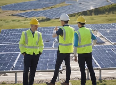 Aerial view of a solar farm with rows of photovoltaic panels under a clear sky