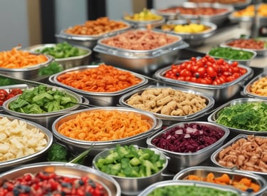 A platter of intricately arranged small tartlets, each topped with a colorful array of fresh fruits and vegetables, including grape tomatoes, green and orange melon balls, and garnished with greens. They are set on a round white tray with a label from a catering company.