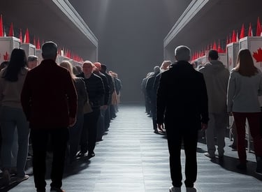 Image of people standing in line with Canadian flags beside them.