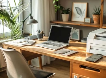 laptop sitting on a wooden desk.