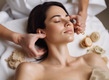 A person is lying face down with smooth black stones placed along their spine. Another person's hands are arranging the stones. Orchid flowers are present, adding a serene and natural touch to the scene. The setting suggests a spa or massage environment focused on relaxation.