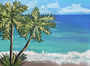 Guests painting Day at the Beach at a Cozumel paint and sip