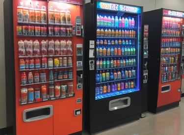 A row of illuminated vending machines displays a variety of drinks and snacks. The area around the machines is dark, emphasizing the bright electric lights and colorful product images. The setting appears to be outdoors, possibly in a quiet or dimly lit location.