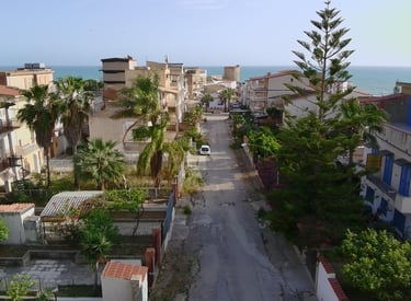 Front drone view , from the coliving for digital nomdas Co.bay Torre di Gaffe, Agrigento, Sicily, Italy