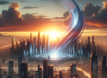 A futuristic cityscape at dawn, with the first light of the sun breaking over the skyline. The newly