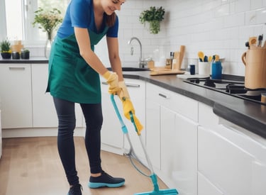 Two people wearing masks are engaged in cleaning activities outside a building with large windows. One person is pushing a line of shopping carts, while the other is sweeping the ground with a broom. The background consists of a paneled wall and a window with visible reflections.