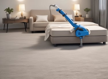 Two people wearing masks are engaged in cleaning activities outside a building with large windows. One person is pushing a line of shopping carts, while the other is sweeping the ground with a broom. The background consists of a paneled wall and a window with visible reflections.