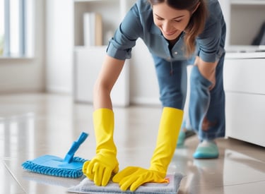 A group of people inside a room engage in cleaning or maintenance activities. One person sweeps the floor with a broom while others stand and observe, smiling or gesturing. The room has wooden structures and a child rests on a bed nearby.