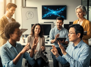 Alt= homens e mulheres de varias idades e etnia conversando em LIBRAS 