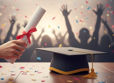 mão segurando diploma chapéu na mesa comemorando sua vitória