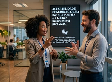 um homem e uma mulher no alto de um prédio dentro de uma sala conversando em libras