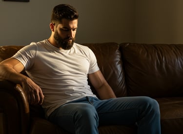 Man sitting on a brown couch looking serious in a dark room