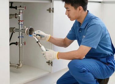 A person in a cleaning uniform is pushing a floor cleaning machine in front of a large wall made of blue-tinted glass blocks. The shadowed silhouette of another person is visible in the foreground, captured mid-step, creating a dynamic sense of motion.