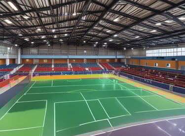 Aerial view of outdoor sports courts displaying multiple basketball and tennis courts positioned side by side. The courts are painted with green playing surfaces and red surrounding areas, with white and yellow boundary lines. The basketball courts feature hoops and painted three-point arcs and key areas, while the tennis courts include service lines and baselines.