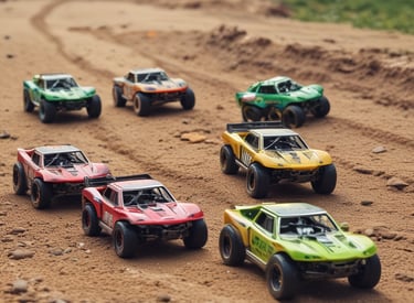 A child’s hand is placed on top of a black remote-controlled toy car with large, rugged tires and green and white decals. The car has a robust, off-road design, and is positioned on a smooth, light-colored surface.