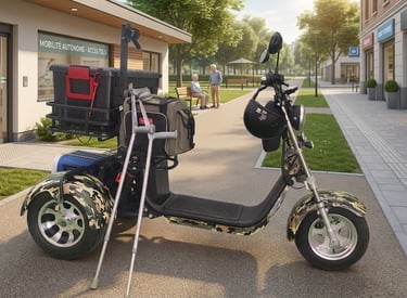 Electric mobility scooter with storage and crutches parked in a modern accessible urban park.