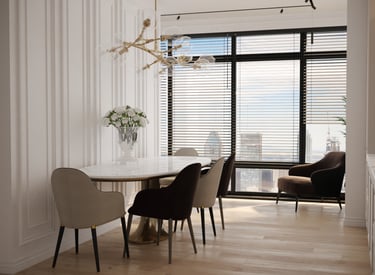 a dining room with a table and chairs