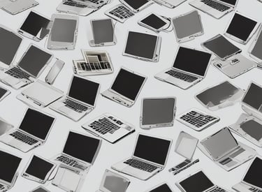 A computer monitor displays a webpage from HelpDesk Heroes, featuring a contact address and email. Social media icons including Facebook, LinkedIn, Twitter, Instagram, and Pinterest are visible. The screen also shows a Trustpilot rating. A stack of cookies is partially visible at the bottom of the image, and part of a keyboard can be seen in the foreground.