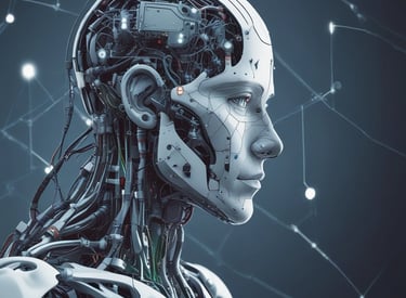A futuristic and digital-themed image features a stylized circuit board with the words 'Open AI' in bold, glowing letters. Above it is a design that resembles an AI or robot face with neon accents. The background consists of a network of interconnected blue lines and nodes, suggesting themes of technology and connectivity.
