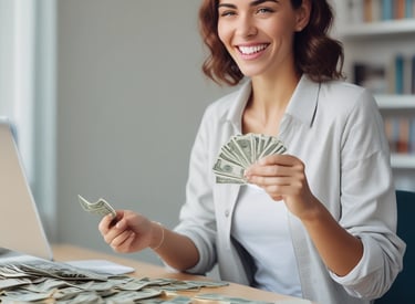 A person counting money with a satisfied expression.