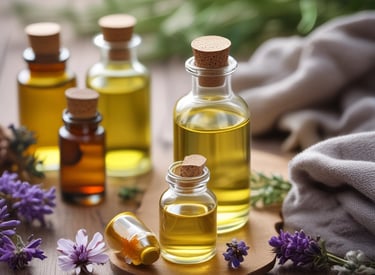 A vibrant display of essential oils and plants.