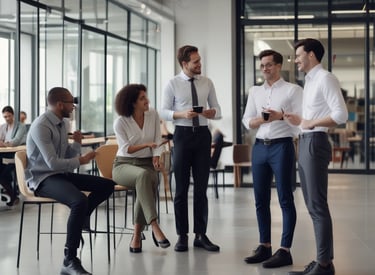 A group of professionals discussing safety measures in an office environment.