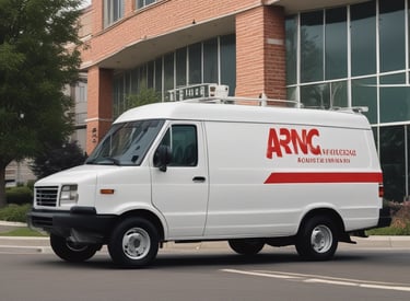 A delivery van parked outside a medical facility.