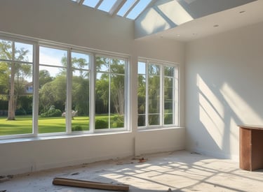 A house under construction with visible framing and insulation wrap. The structure is partially covered with a green guard barrier and has several large windows installed and some stacked in front. Construction materials and debris are scattered in the foreground.