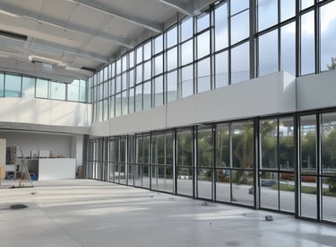 A construction site with an archway framed in DensGlass sheathing panels. There is a large plywood board partially covering the entrance. Construction materials, including a metal container and drywall, are scattered around.