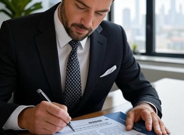 a man in a suit and tie is writing a document