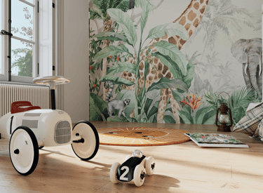 a toy car with a wooden table and a wooden floor