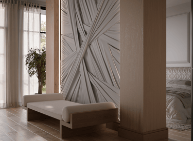 a couch with a large clock on the wall