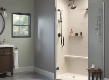 A modern bathroom with marble walls and a sleek, black showerhead. The shower area features built-in niches for toiletries. Outside the shower, there is a circular mirror, a wooden vanity with a white countertop, and a red towel hanging nearby. A wooden bath brush is seen hanging inside the shower enclosure.