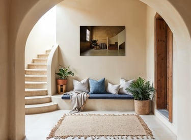 Arched entry with stone staircase, bench, and framed fine art photo above, By ACAT Photos.