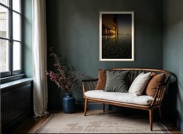 Cozy corner with green wall, sofa bench, and framed fine art photo, By ACAT Photos.
