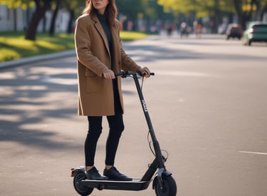 A red and white electric scooter is parked on a sidewalk next to a building. It has a top case for storage and a green license plate indicating it is an electric bike. The building wall is gray and has a modern, sleek texture.