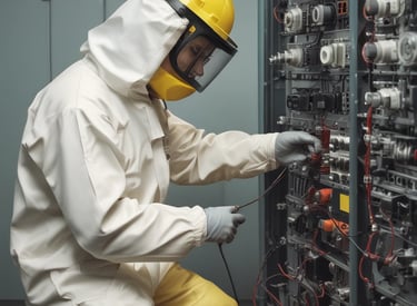 A small, partially disassembled electric motor with visible copper coils is placed on a light wooden surface. Surrounding the motor are gray plastic components that appear to be part of a building block kit.