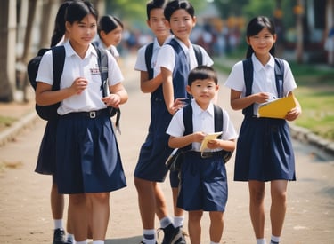 A group of children gather closely together in an outdoor setting, some looking directly at the camera while others are engaged in different activities. The environment appears lively and filled with a mixed group of kids wearing casual clothing. A blue tarp and wooden beams are visible in the background, suggesting a makeshift or temporary shelter.