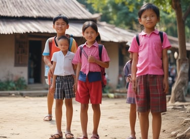 A group of adults and children are standing in front of a colorful two-story school building with balconies and flags. The adults are dressed in formal and traditional attire, and the children are wearing school uniforms.