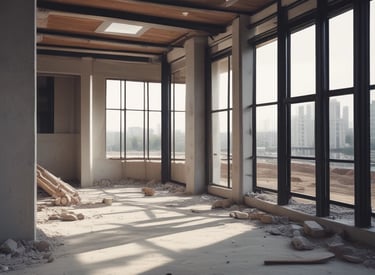 A dimly lit room features a prominent illuminated sign displaying the words 'Sysco LABS.' Below the sign are office desks with various electronic devices, including laptops and cables. The lighting creates a cool and professional atmosphere.