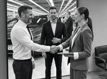 Un Cliente y un Candidato estrechándose la mano mientras una persona de Talent Fyndr observa. alegre