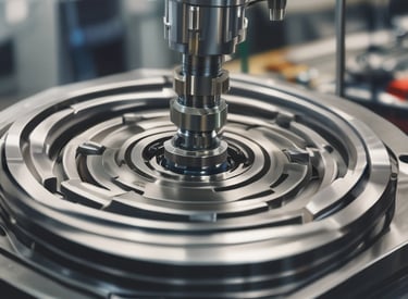 A detailed view of a polished metal component, likely part of an engine or machinery, with various interconnected parts and tubes. The metallic surfaces are shiny and reflect light, creating a smooth and industrial aesthetic.