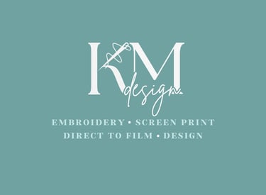 KM Design logo for professional embroidery, screen print, direct to film, and design services.